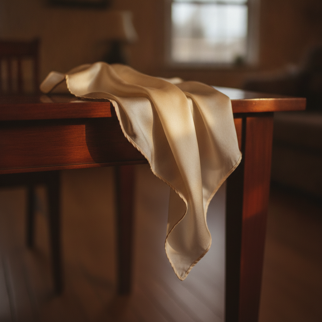 Silk handkerchief on a polished table AI-generated photoreal reference