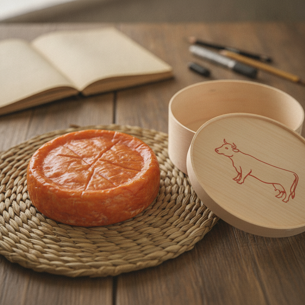 Époisses on a straw mat, glistening rind AI-generated photoreal reference