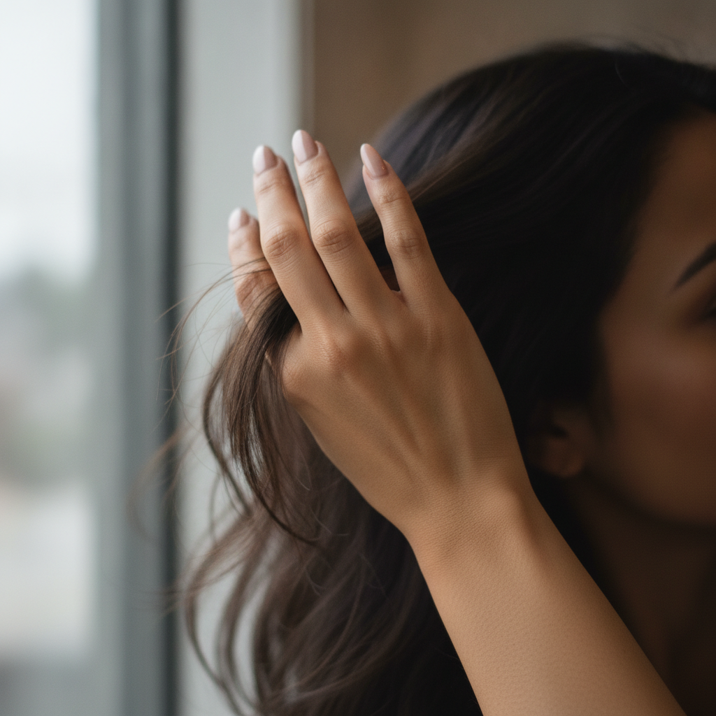 Hand Brushing Hair Back, Mixed-Race Woman 30s AI-generated photoreal reference