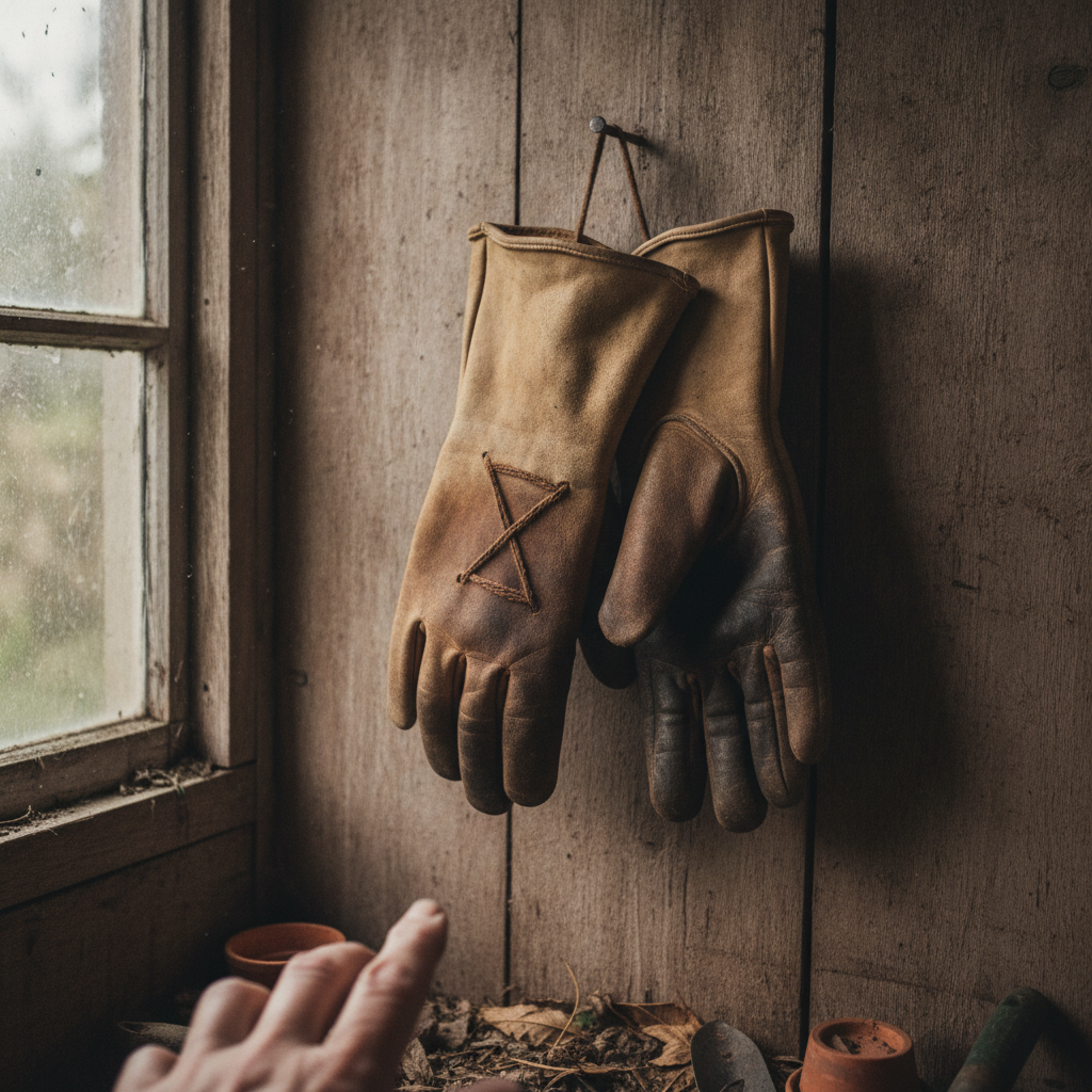Old leather gloves, hung on nail AI-generated photoreal reference