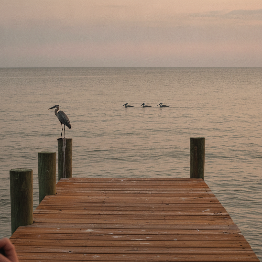 Gulf of Mexico dusk from a Florida Panhandle pier AI-generated photoreal reference