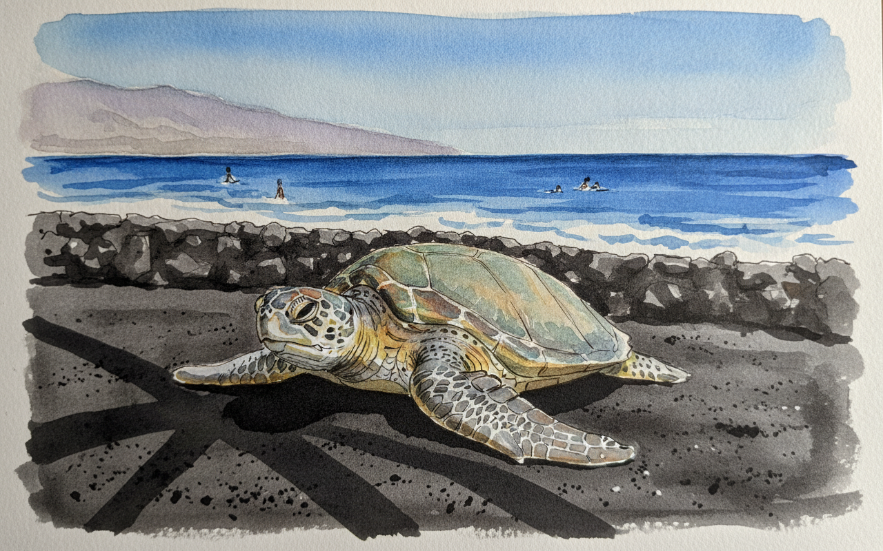 Punaluu black sand turtles, Big Island Hawaii example 1