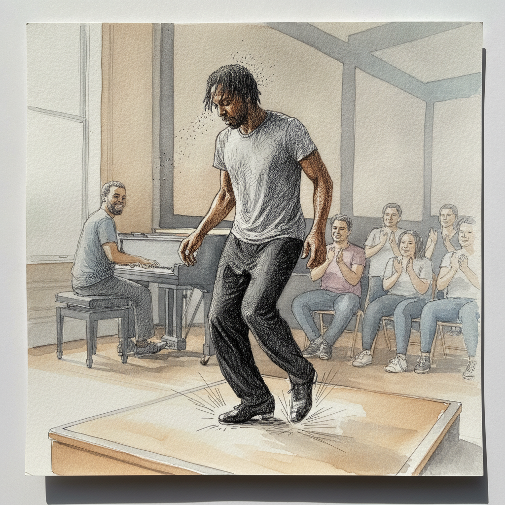 Tap dancer with shoes flashing example 1
