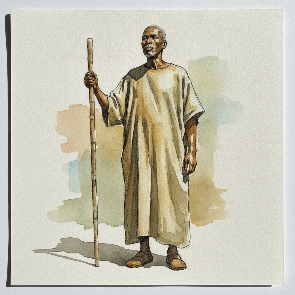 Man, late 60s, Black, lean tall build, hand on a tall walking staff example 2