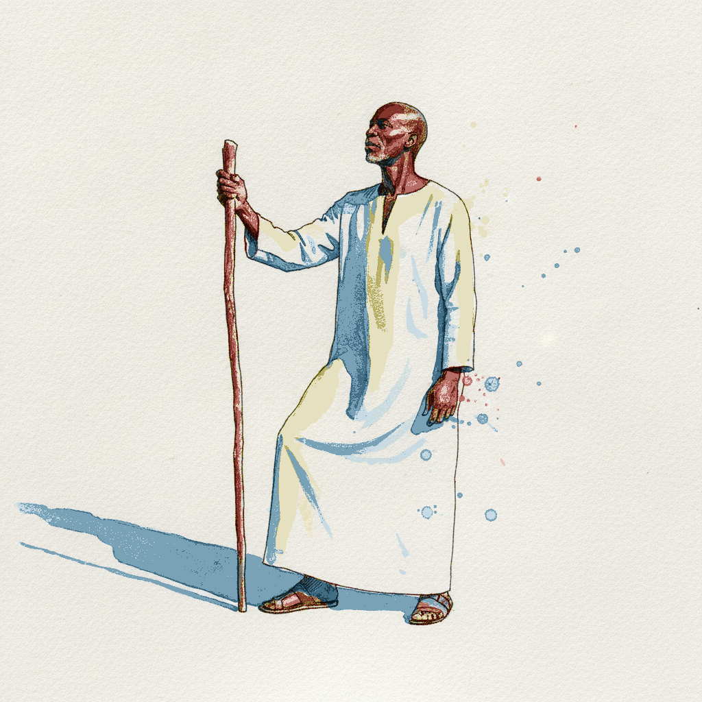 Man, late 60s, Black, lean tall build, hand on a tall walking staff example 3