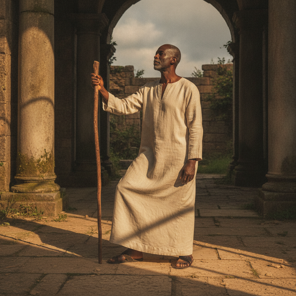 Man, late 60s, Black, lean tall build, hand on a tall walking staff AI-generated photoreal reference