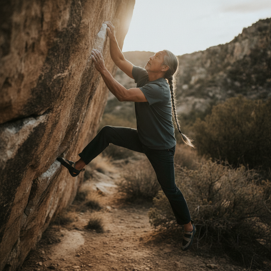 Outdoor Crag Standing on Tiny Edge AI-generated photoreal reference