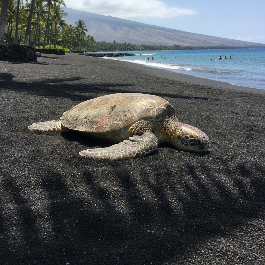 Punaluu black sand turtles, Big Island Hawaii AI-generated photoreal reference