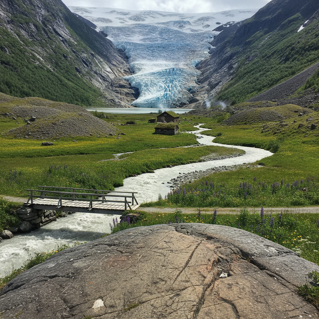 Briksdal Glacier valley, Jostedalsbreen, Norway AI-generated photoreal reference