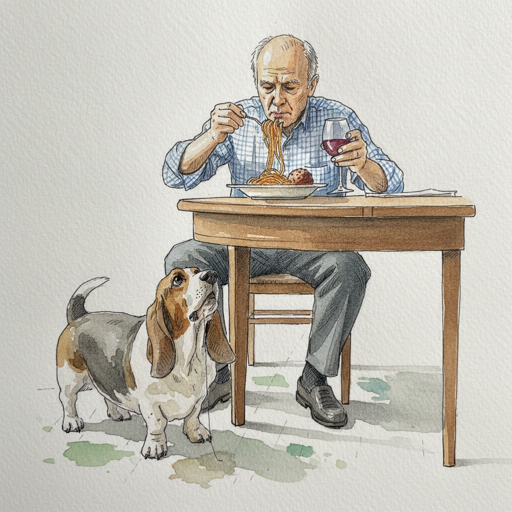 Person eating with dog begging example 1