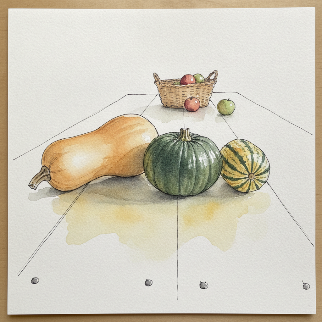 Butternut, acorn, and delicata on a harvest table example 1