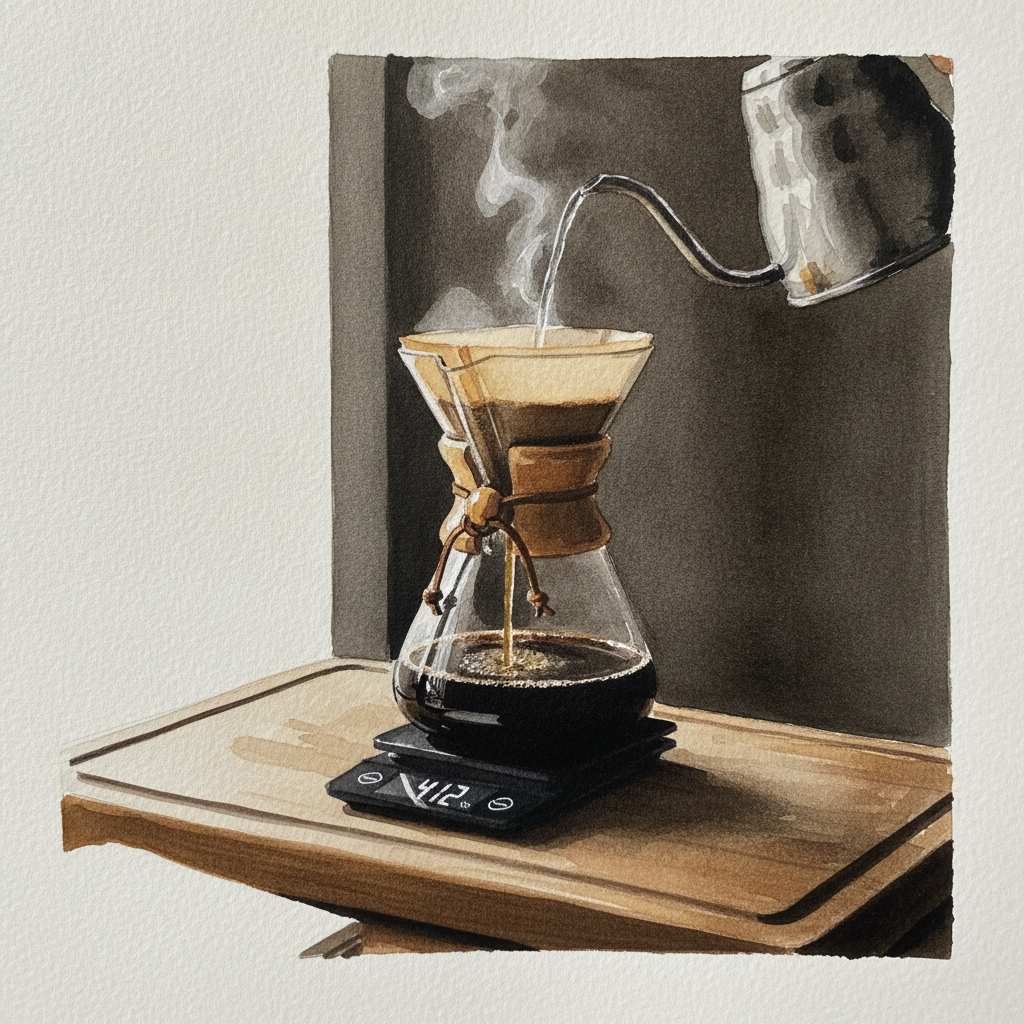 Chemex with bonded filter, full brew in progress example 1