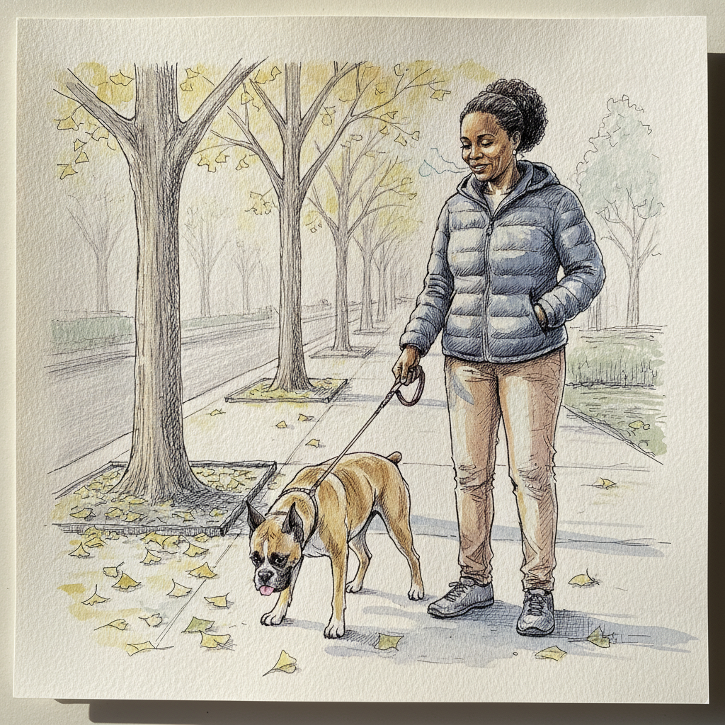 Person walking dog on leash example 1