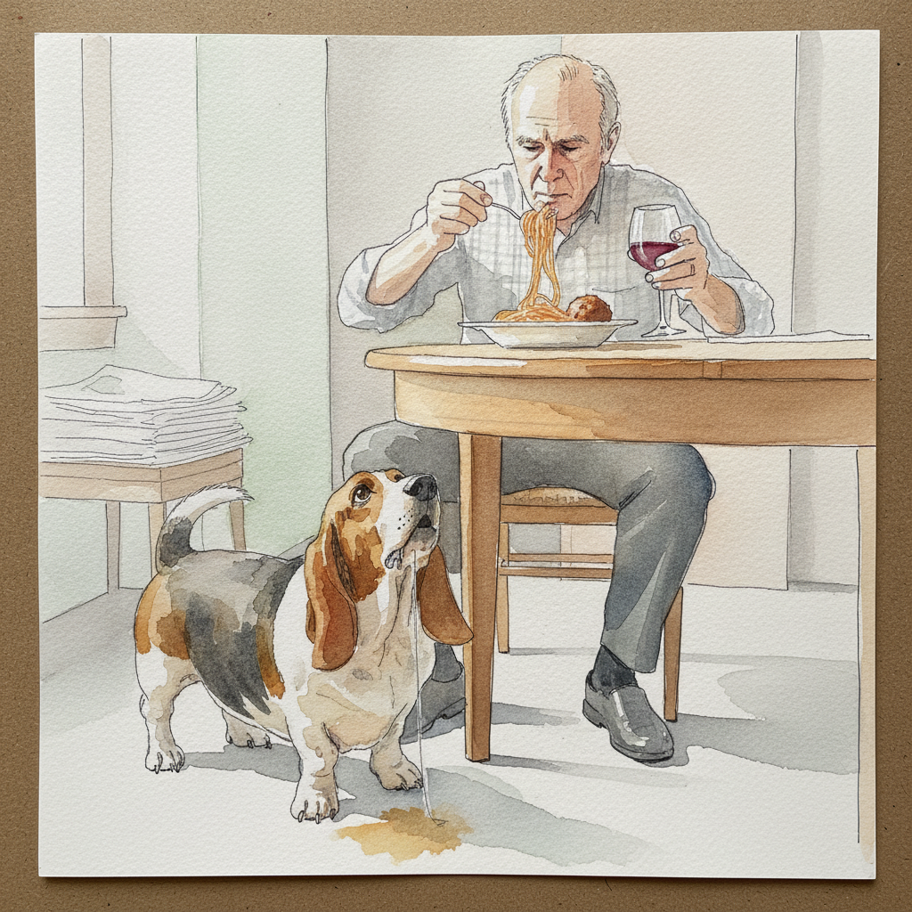 Person eating with dog begging example 2