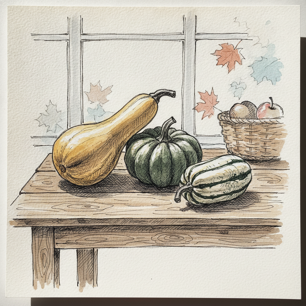 Butternut, acorn, and delicata on a harvest table example 2
