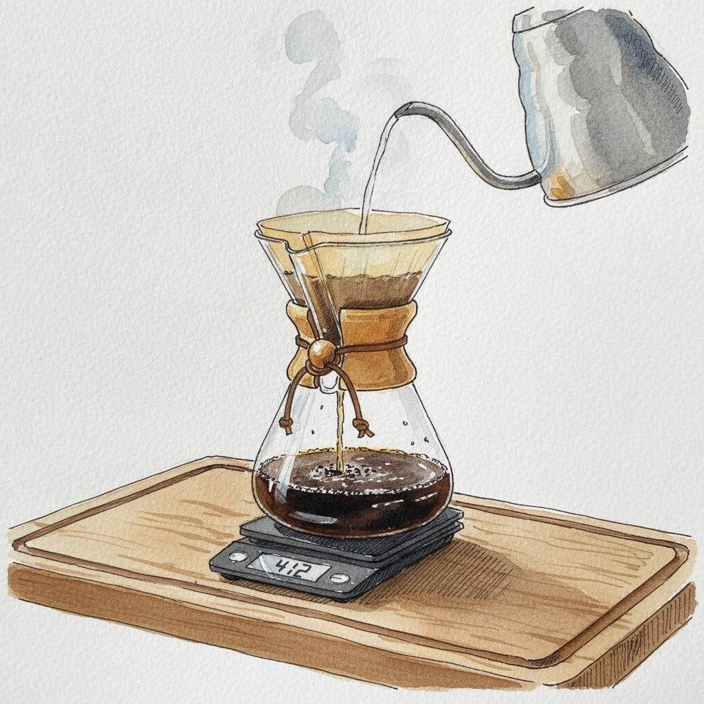 Chemex with bonded filter, full brew in progress example 2