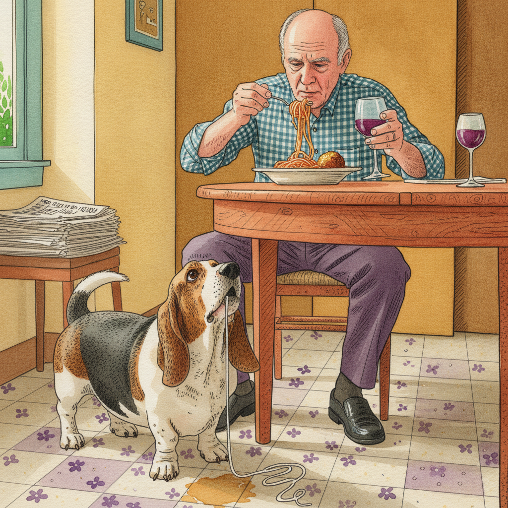Person eating with dog begging example 3