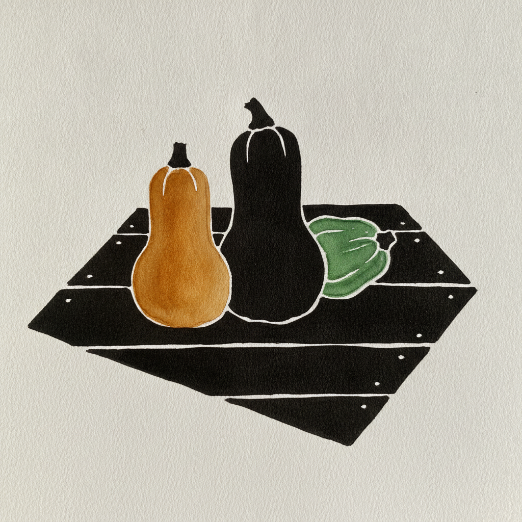 Butternut, acorn, and delicata on a harvest table example 3