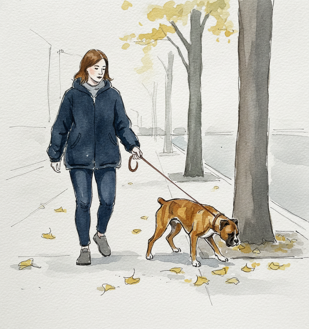 Person walking dog on leash example 3