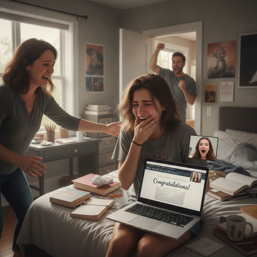 Teen opening college acceptance AI-generated photoreal reference