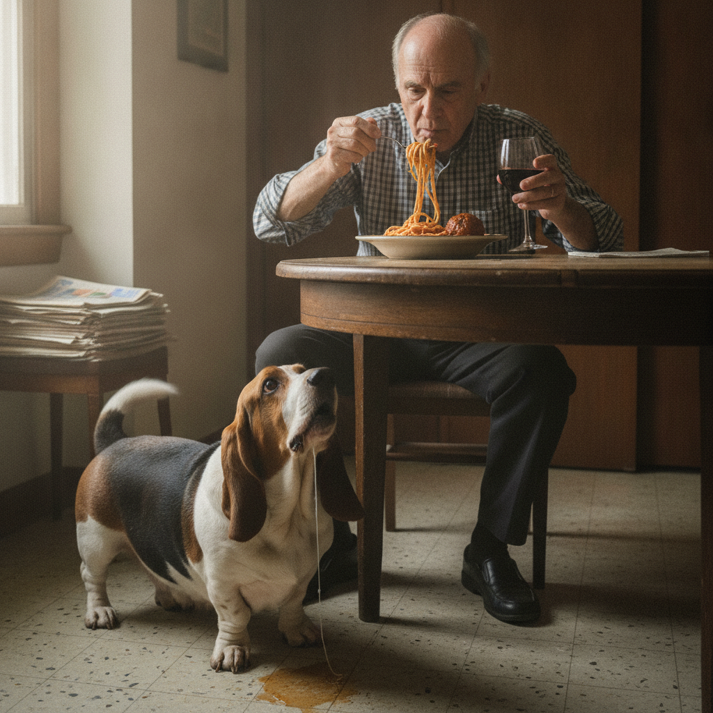 Person eating with dog begging AI-generated photoreal reference