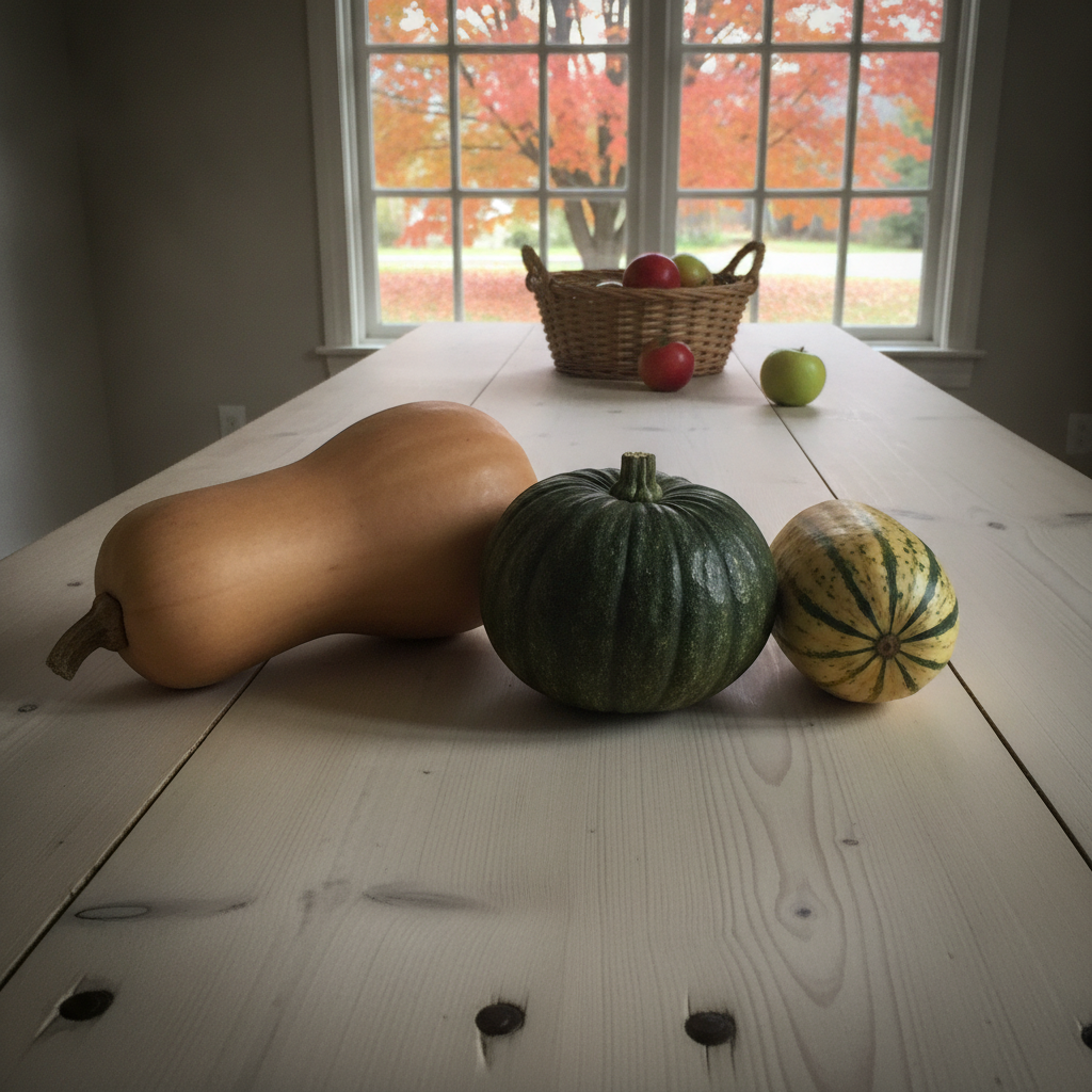 Butternut, acorn, and delicata on a harvest table AI-generated photoreal reference