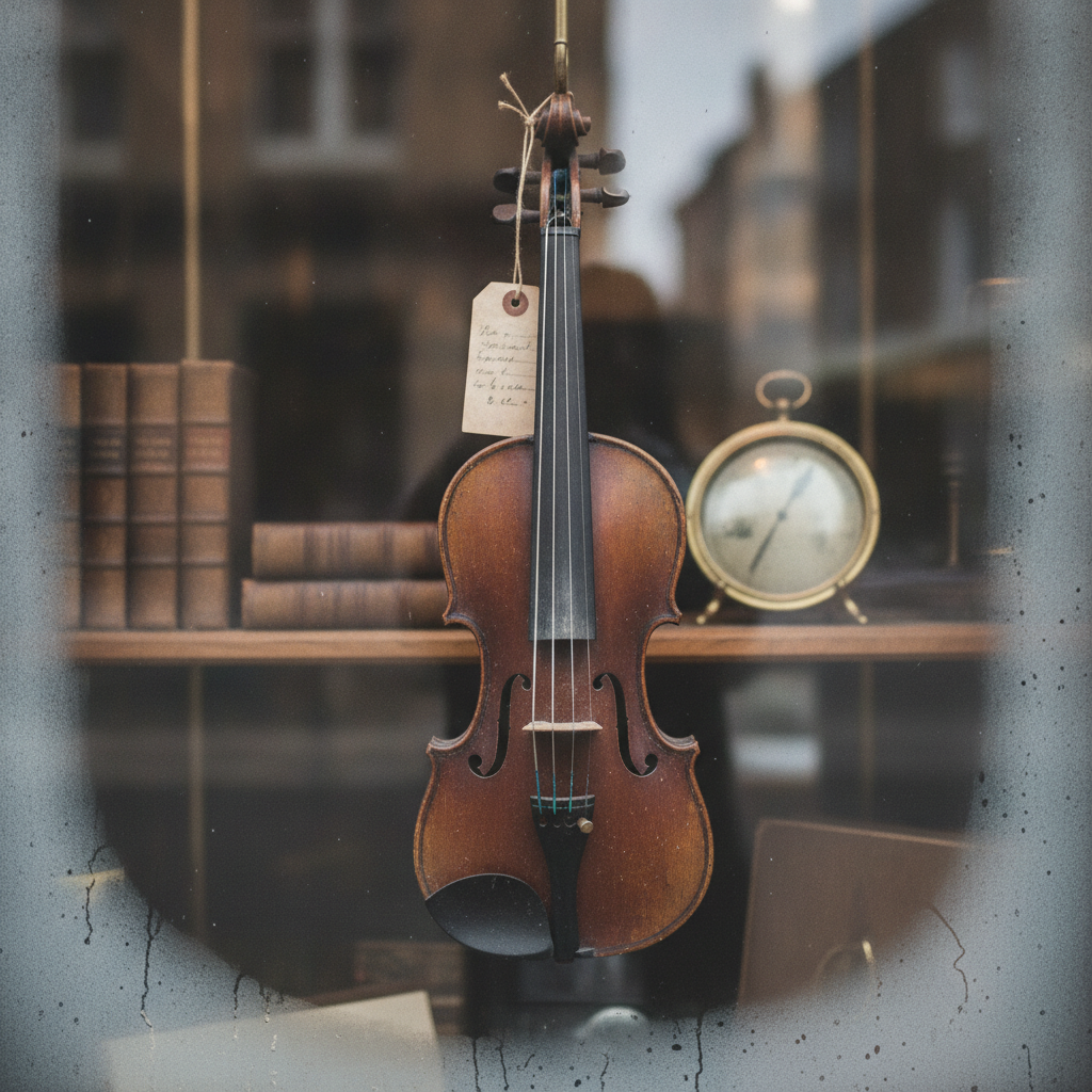 Antique shop violin window AI-generated photoreal reference