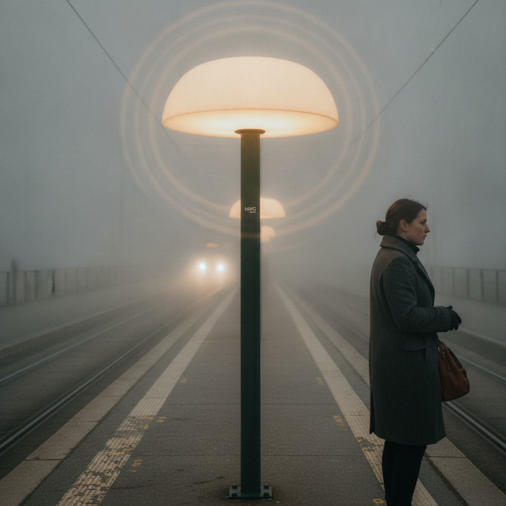 Munich Tram Stop, Foggy Halo AI-generated photoreal reference