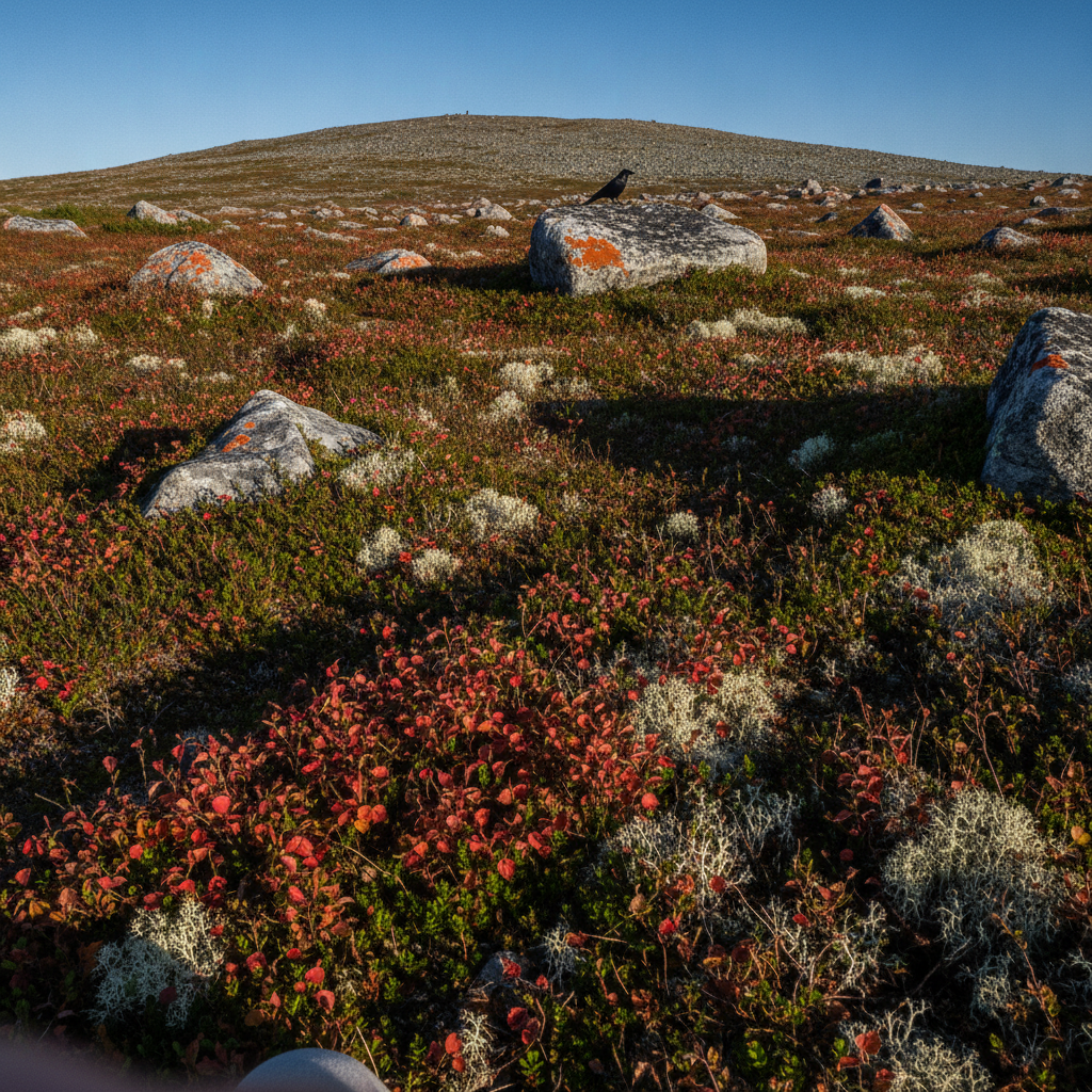 Autumn red dwarf-birch with green moss patches, Lapland, September AI-generated photoreal reference