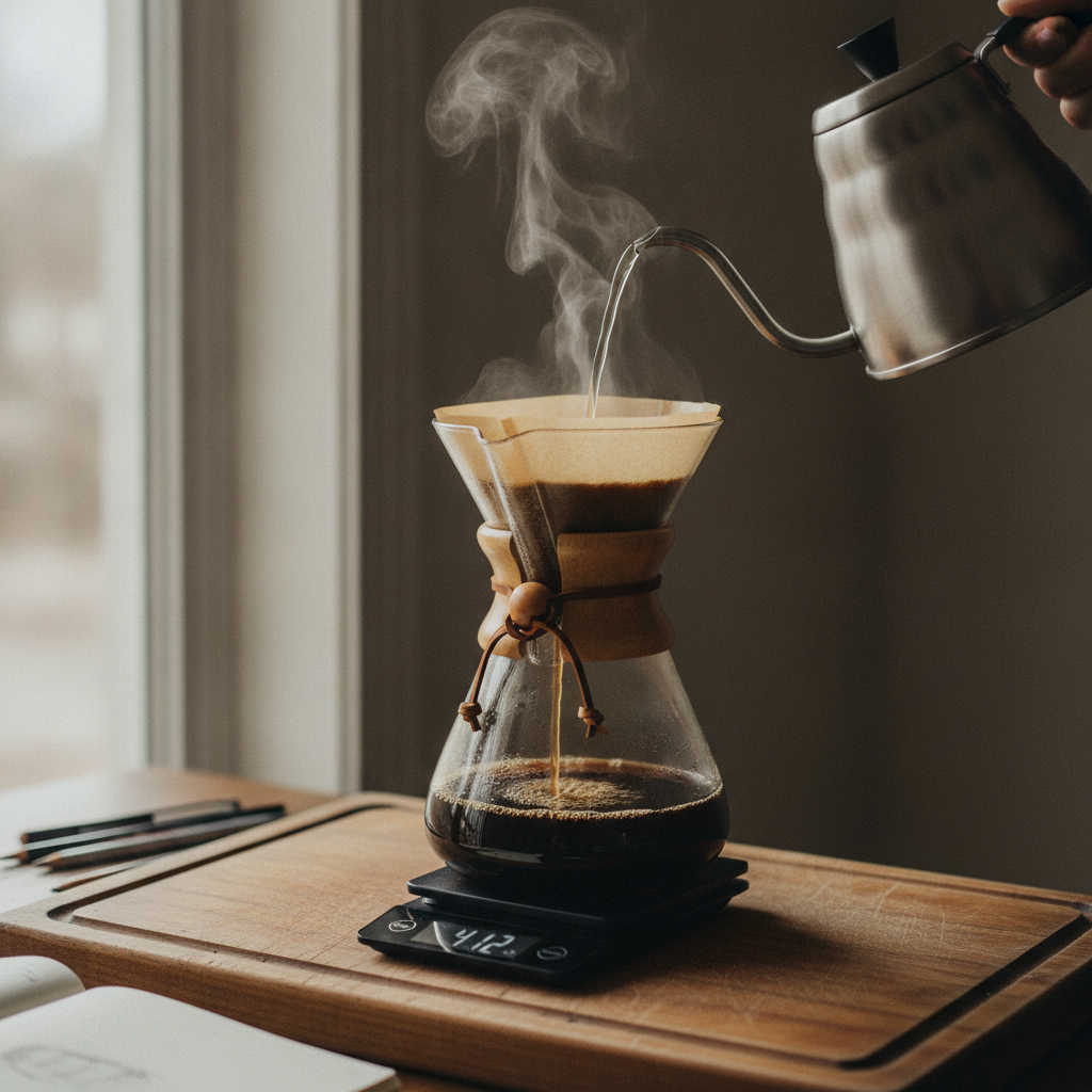 Chemex with bonded filter, full brew in progress AI-generated photoreal reference