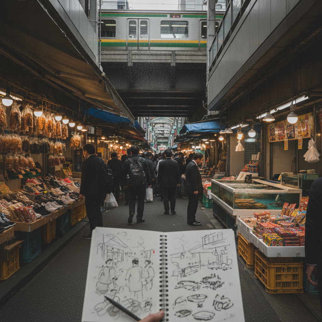 Tokyo Ameya-Yokochō under the tracks AI-generated photoreal reference