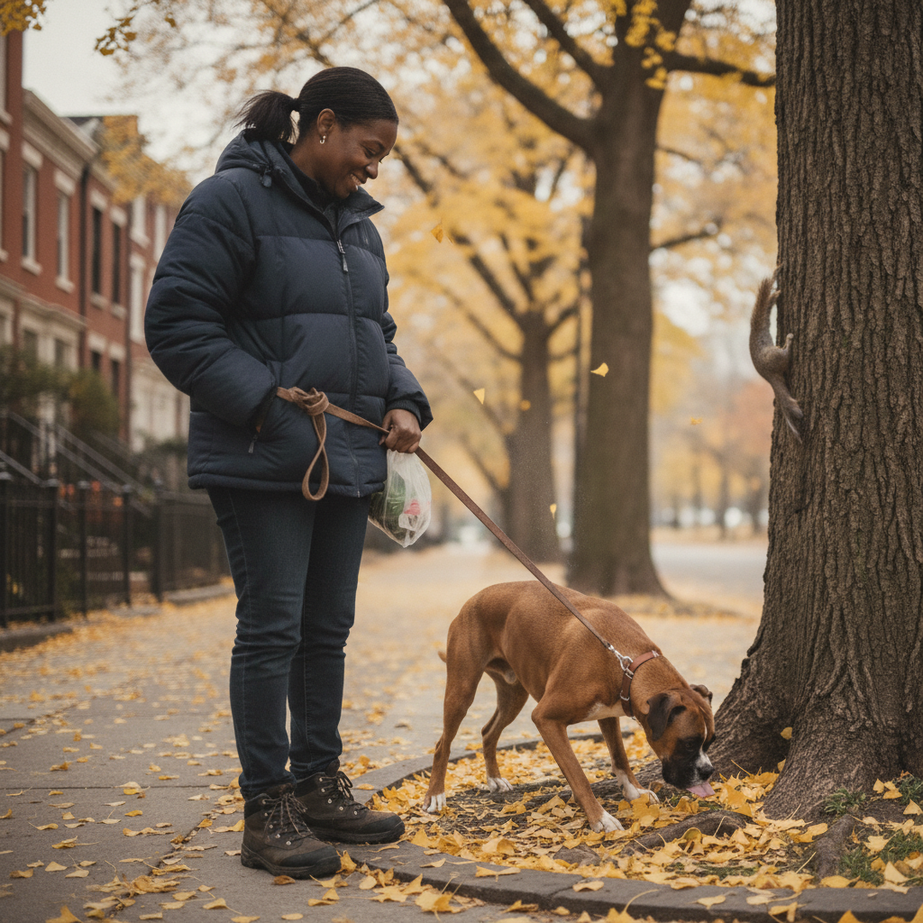 Person walking dog on leash AI-generated photoreal reference