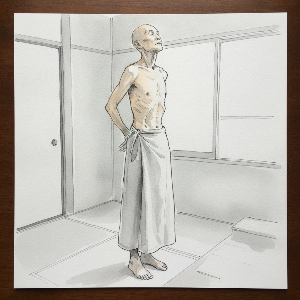 Lean elderly Japanese man in monastic mild arch example 1