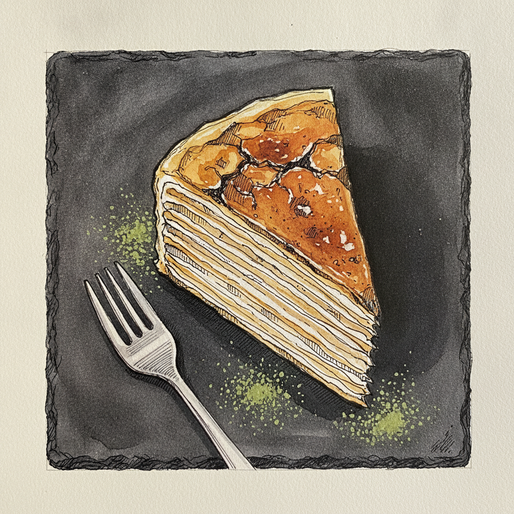 Mille-crêpe cake slice with twenty paper-thin layers example 2
