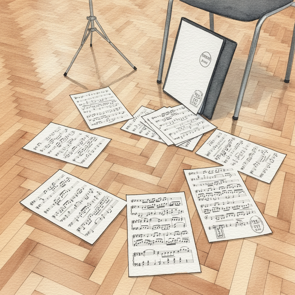 Scattered across rehearsal-room floor example 2