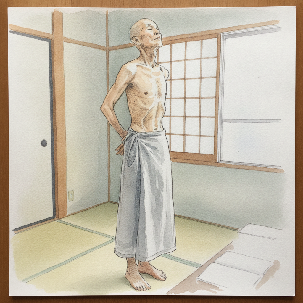Lean elderly Japanese man in monastic mild arch example 2