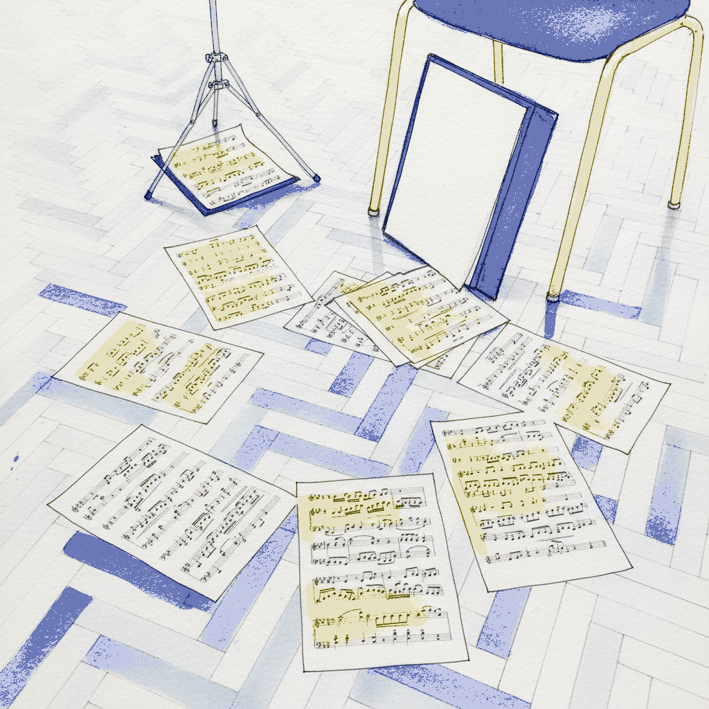 Scattered across rehearsal-room floor example 3