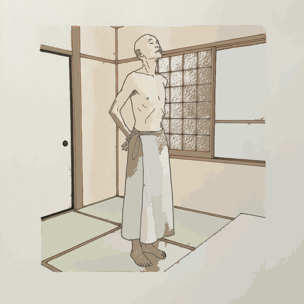 Lean elderly Japanese man in monastic mild arch example 3