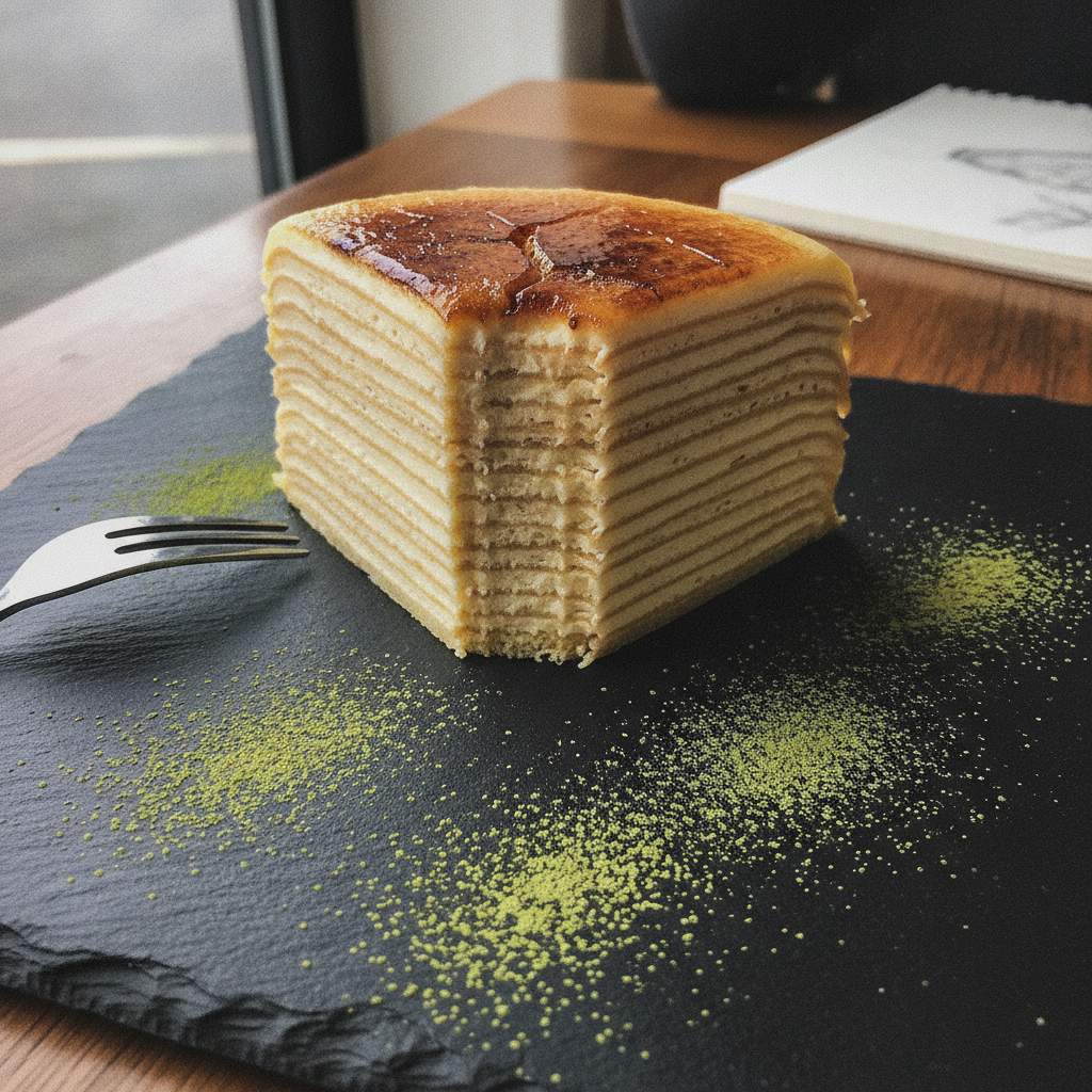 Mille-crêpe cake slice with twenty paper-thin layers AI-generated photoreal reference
