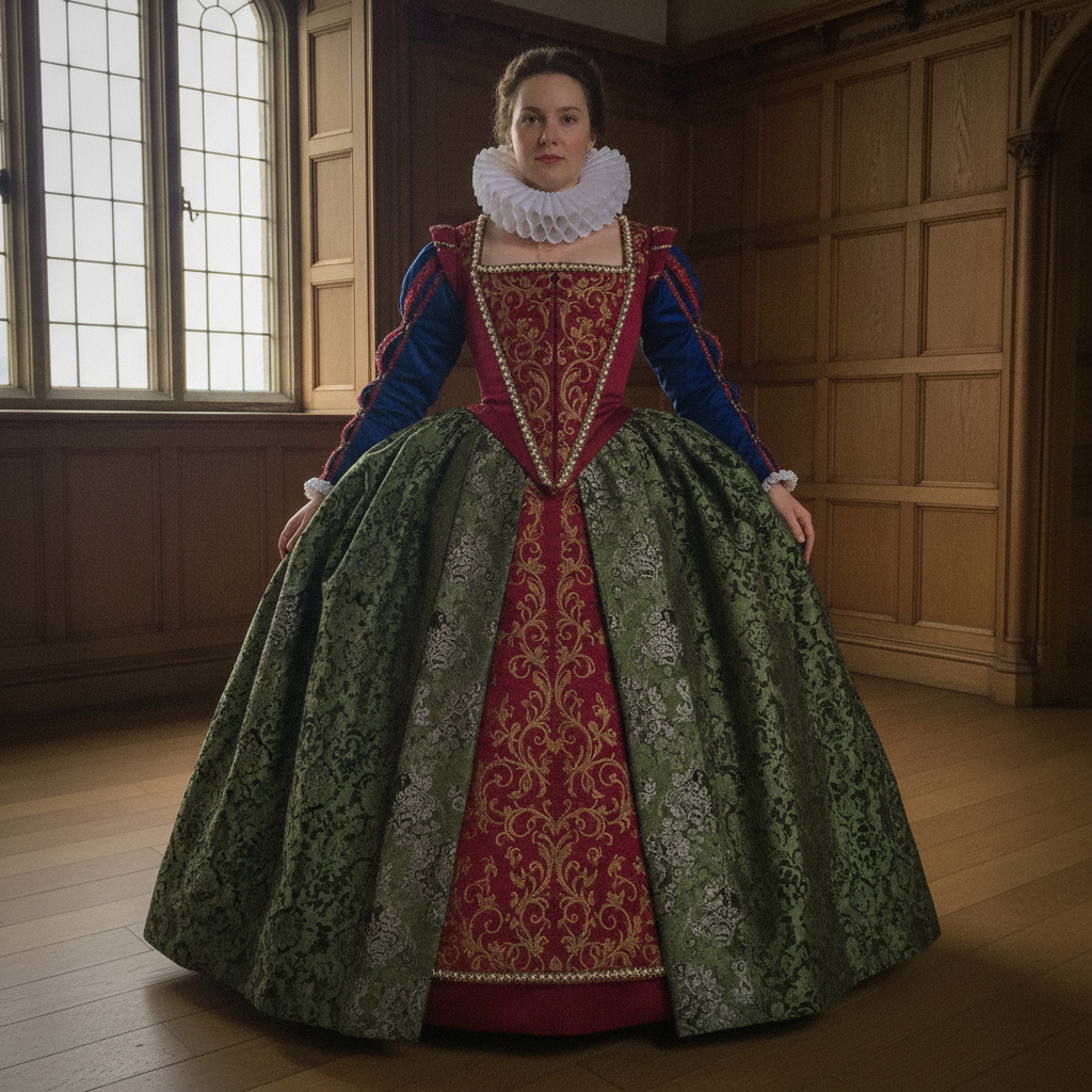 Elizabethan court gown 1590 AI-generated photoreal reference