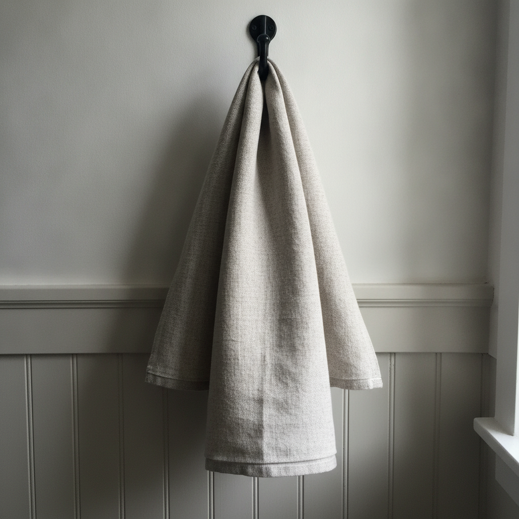 Linen tea towel from a wall hook AI-generated photoreal reference