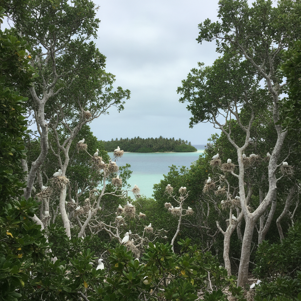 Palmyra red-footed booby colony in Pisonia AI-generated photoreal reference