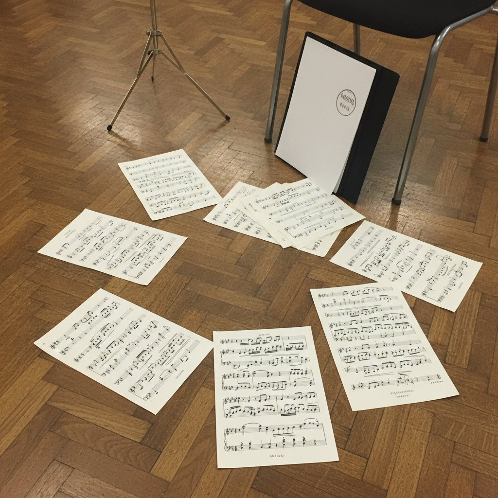 Scattered across rehearsal-room floor AI-generated photoreal reference
