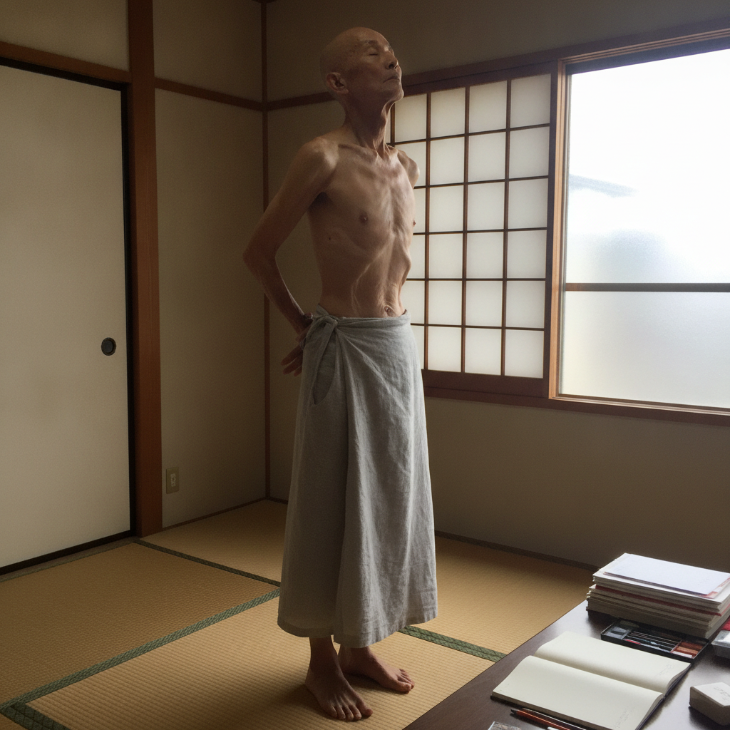 Lean elderly Japanese man in monastic mild arch AI-generated photoreal reference