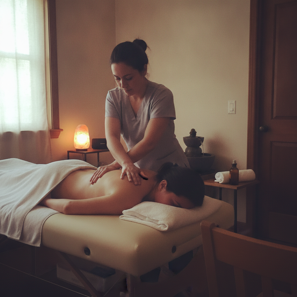 Massage therapist working AI-generated photoreal reference