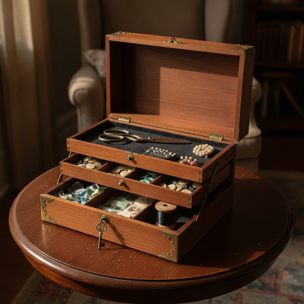 Vintage Sewing Box Open AI-generated photoreal reference