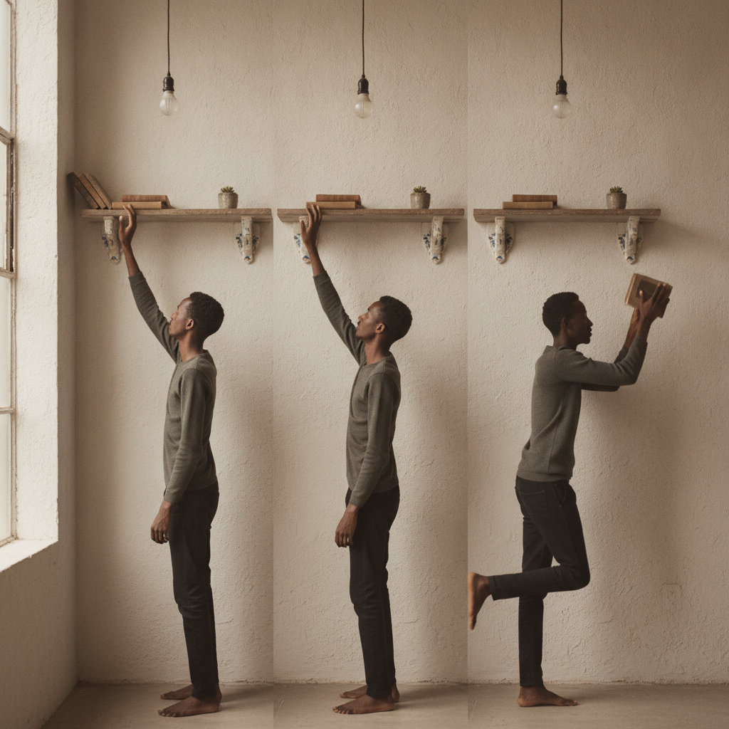 Reaching for high shelf three vertical phases AI-generated photoreal reference