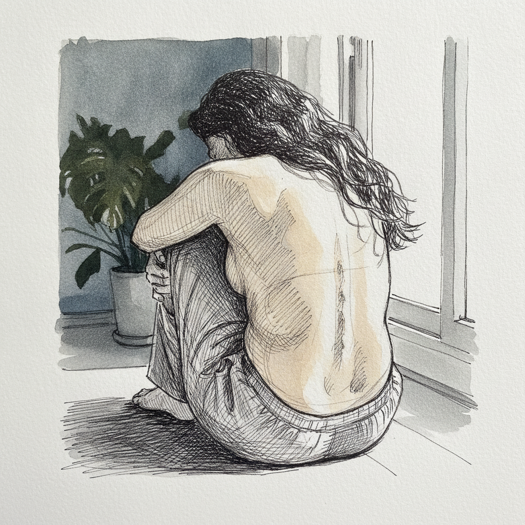 Studio floor, knees up wide, arms behind head example 2