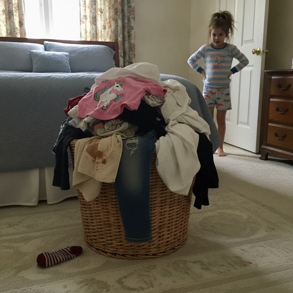 Laundry basket overflowing AI-generated photoreal reference