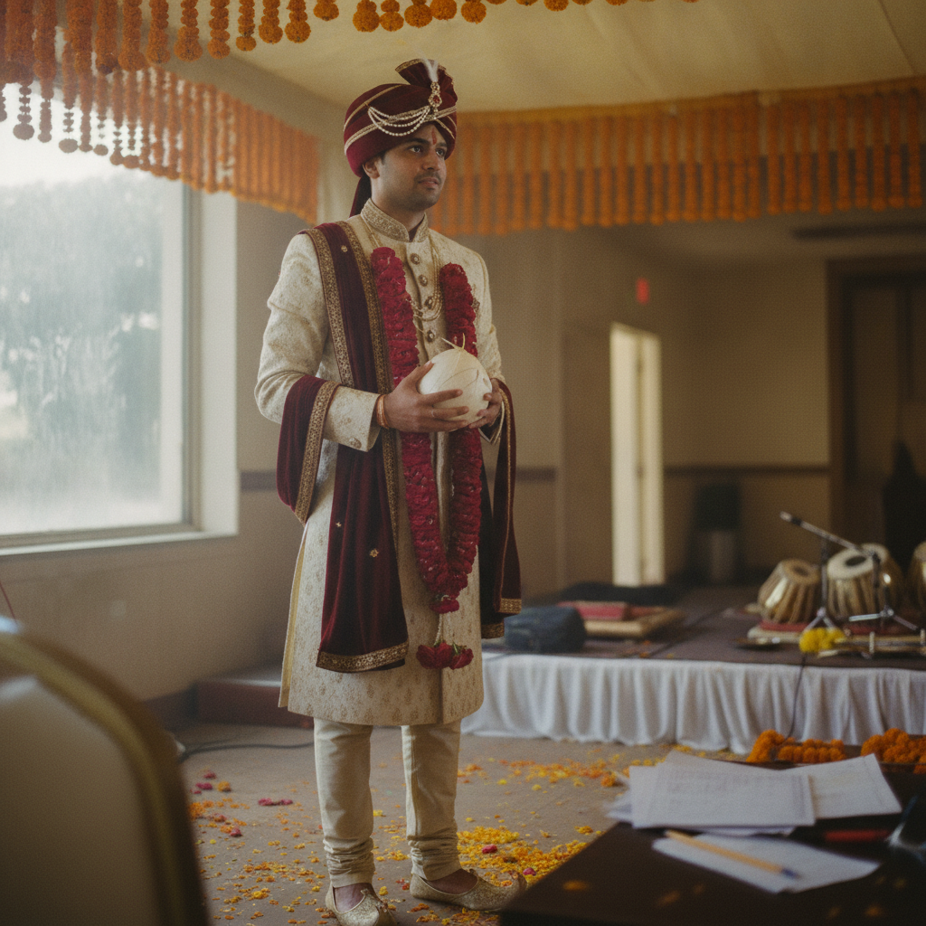 Indian groom in sherwani AI-generated photoreal reference